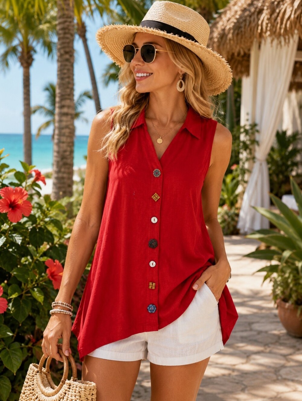 Soft Surroundings Sz SSleeveless Red Button-Front Summer Tunic Top